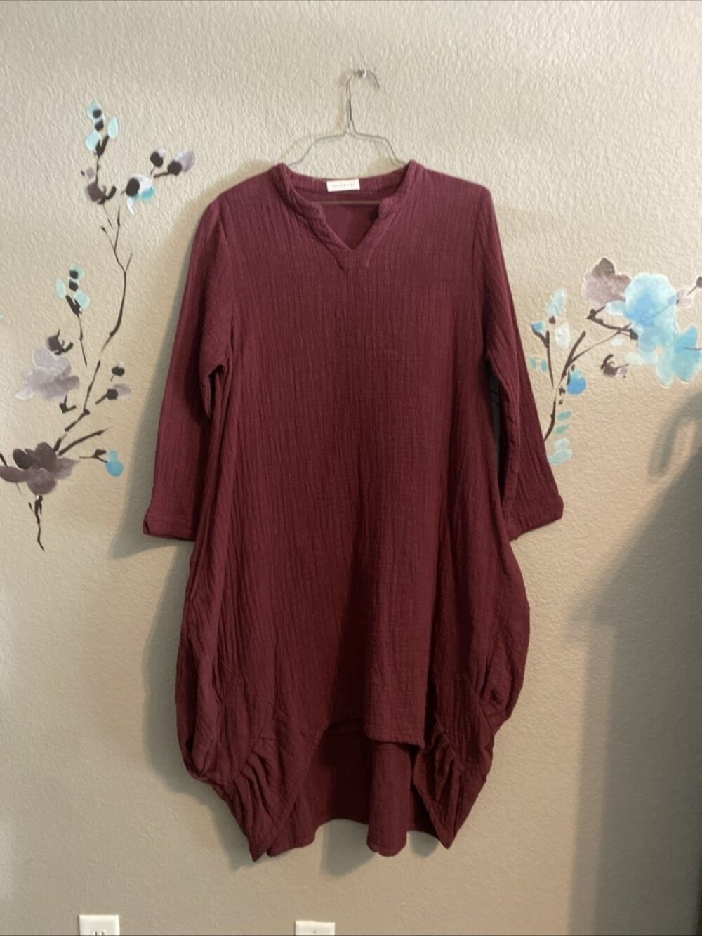 Buykud Gauzy Cotton Balloon lagen Dress Cocoon Style Boho Burgundy M